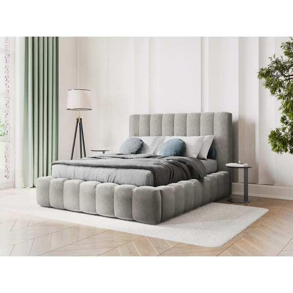 Šviesiai pilka minkšta dvigulė lova su laikymo vieta ir grotelėmis 180x200 cm Kelp - Micadoni Home-image-1