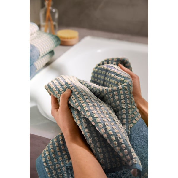 Rankšluostis šviesiai mėlynos spalvos/smėlio spalvos iš organiškos medvilnės 50x100 cm Check – JUNA-image-4