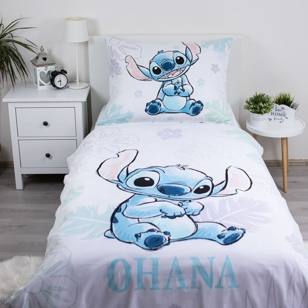 Baltos spalvos iš medvilnės viengulė vaikiška patalynė 140x200 cm Lilo and Stitch "Ohana White" – Jerry Fabrics-image-1