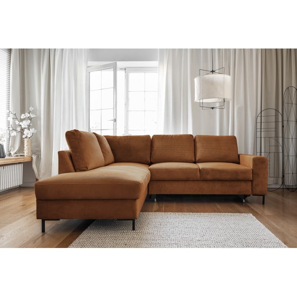 Iš kordinio velveto sulankstoma kampinė sofa oranžinės spalvos/rudos spalvos (su kairiuoju kampu) Lofty Lilly – Miuform-image-1