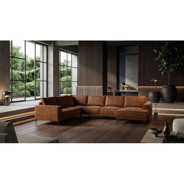 Iš dirbtinės odos kampinė sofa konjako rudos spalvos (su dešiniuoju kampu/„U“ formos) Copenhagen – Scandic-image-1