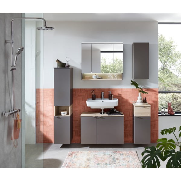 Pilkos spalvos/natūralios spalvos žema/pakabinama vonios daiktadėžė iš pušies 72x30 cm Quickset 394 – Pelipal-image-4