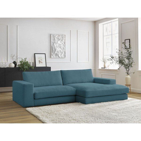 Mėlynos spalvos iš kordinio velveto kampinė sofa (su dešiniuoju kampu/su gultu) Leonard – Bobochic Paris-image-1