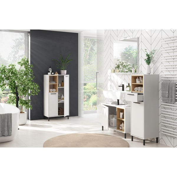 Balta aukšta ąžuolinė vonios kambario spintelė 59x118 cm Loria - Germania-image-4