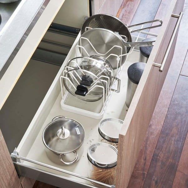 Baltas reguliuojamas stovas dangčiams ir keptuvėms YAMAZAKI Tower-image-3