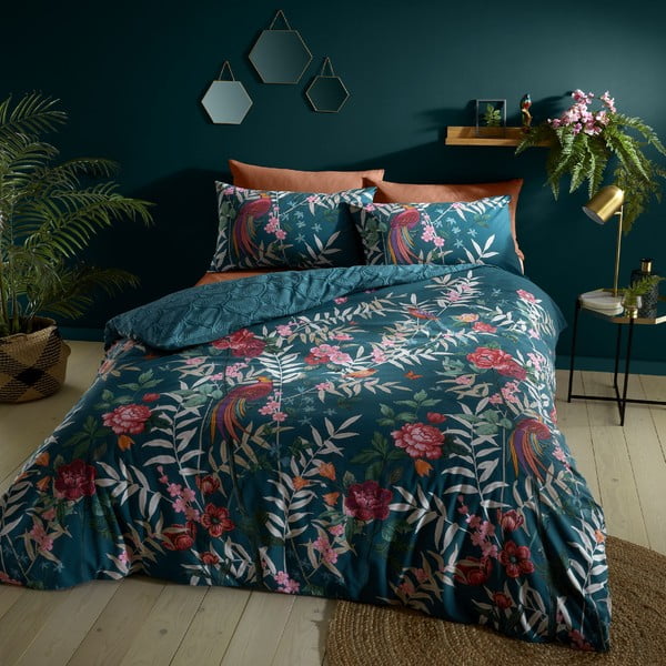 Tamsiai žalios spalvos dvigulė/itin ilga patalynė 230x220 cm Tropical Floral Birds – Catherine Lansfield-image-1