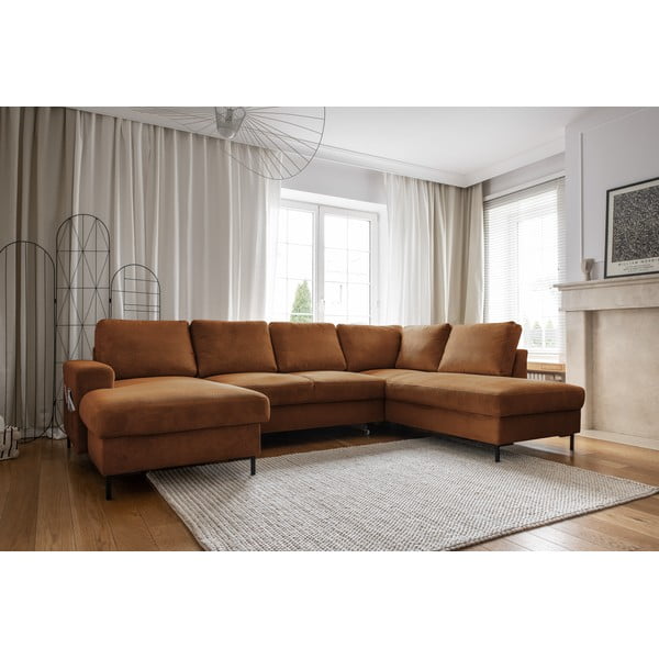 Iš kordinio velveto sulankstoma kampinė sofa oranžinės spalvos/rudos spalvos (su dešiniuoju kampu) Lofty Lilly – Miuform-image-3