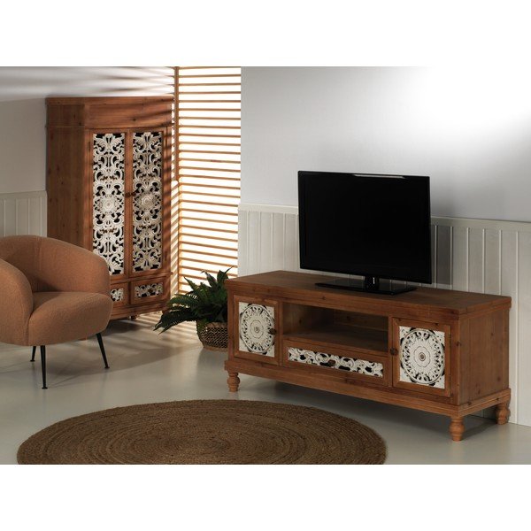 TV spintelė iš eglės medžio masyvo baltos spalvos/natūralios spalvos 140x58 cm Agrabah – Burkina-image-1