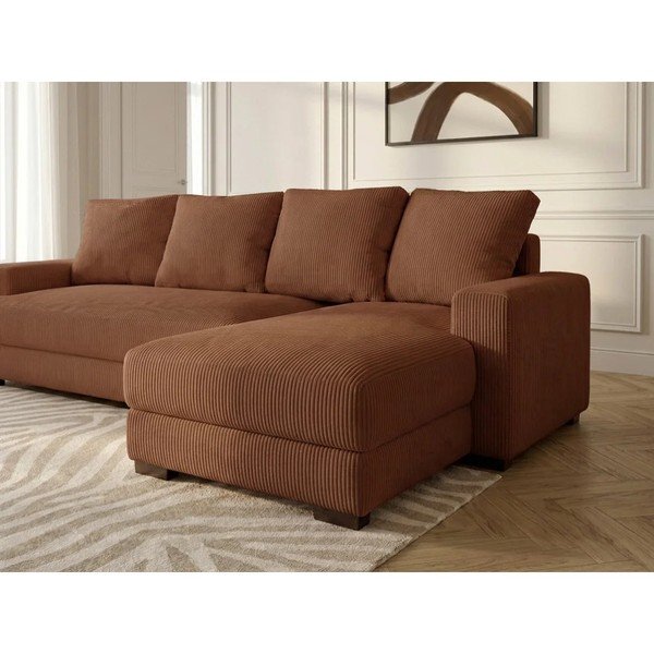 Oranžinės spalvos sulankstoma/su sandėliavimo vieta kampinė sofa iš kordinio velveto (su dešiniuoju kampu/su gultu) Campi – Bobochic Paris-image-4