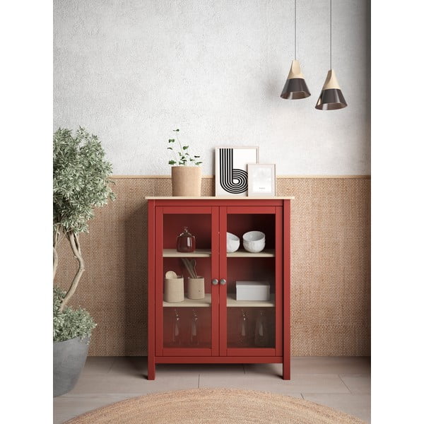 Raudonos/natūralios pušies medienos vitrina 90x110 cm Misti - Marckeric-image-1