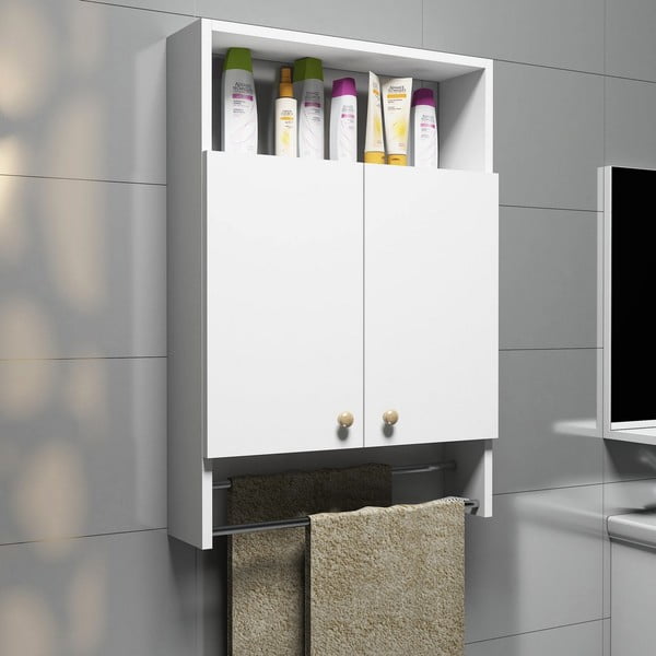 Balta vonios kambario spintelė su rankšluosčių laikikliu, vonios kambario spintelė-image-1