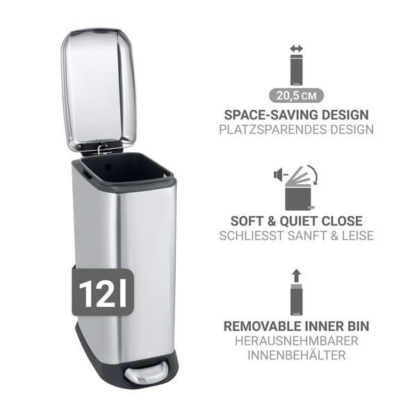 Sidabrinės spalvos iš nerūdijančio plieno šiukšliadėžė su pedalu 12 l Design – Wenko-image-3