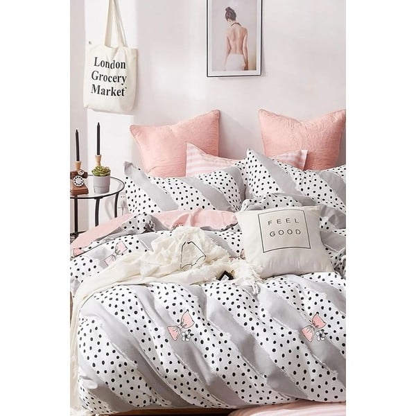 Dvigulė/itin ilga patalynė iš medvilnės baltos spalvos/rožinės spalvos su paklode/4 dalių 200x220 cm Bow and Polka-Dot – Mila Home