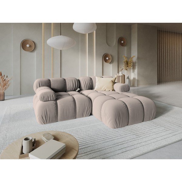 Smėlio spalvos modulinė kampinė sofa iš velveto (su dešiniuoju kampu/su gultu) – Micadoni -image-1