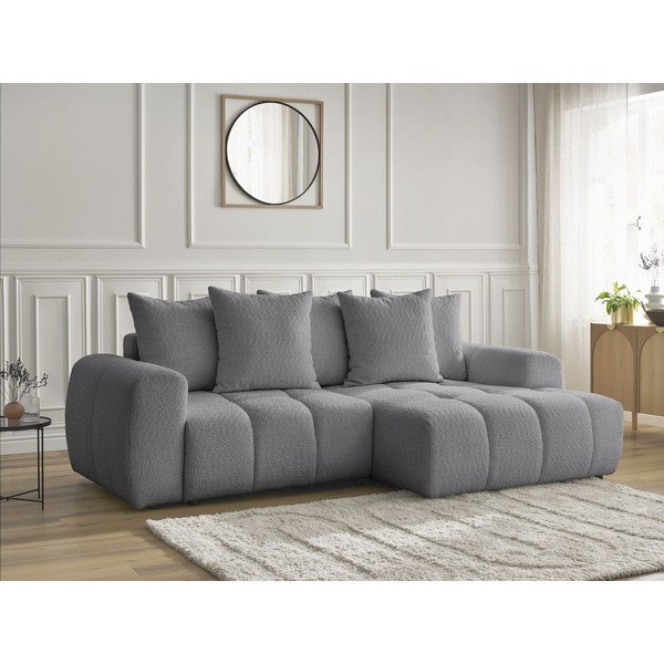 Pilkos spalvos sulankstoma/su sandėliavimo vieta kampinė sofa iš boucle (su dešiniuoju kampu/su gultu) Roxelane – Bobochic Paris-image-3