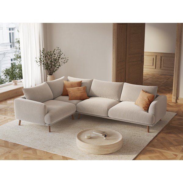 Smėlio spalvos kampinė sofa iš velveto (su kairiuoju kampu/„L“ formos) Naomi – Micadoni -image-1