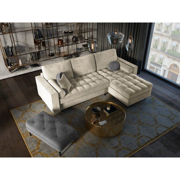 Smėlio spalvos aksominė kampinė sofa-lova Milo Milo Santo, kampas dešinėje-image-1