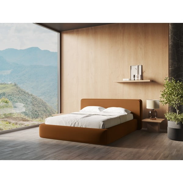 Terakotos spalvos dvigulė lova audiniu dengta su sandėliavimo vieta su lovos grotelėmis 180x200 cm Kiana – Makamii-image-1