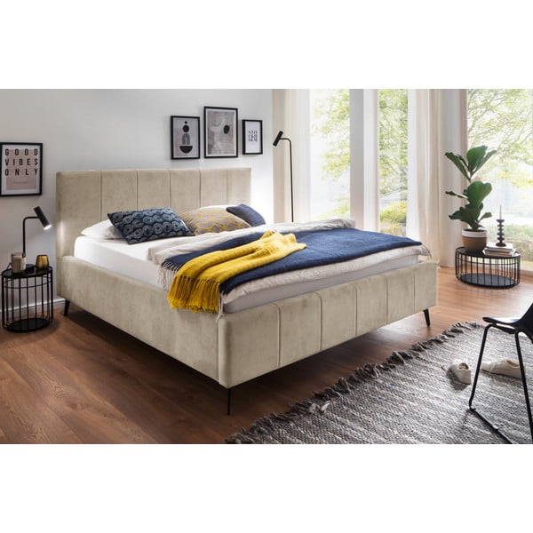 Smėlio spalvos dvigulė lova audiniu dengta su sandėliavimo vieta su lovos grotelėmis 160x200 cm Lizzano – Meise Möbel-image-1