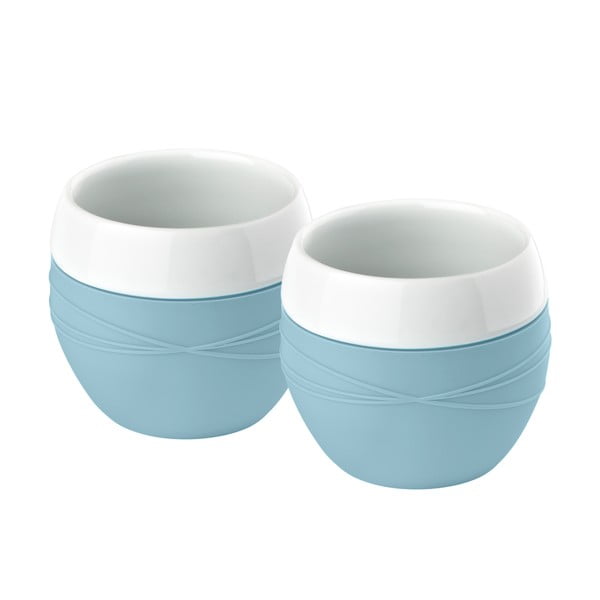 2 porcelianinių puodelių su silikonu rinkinys, šviesiai mėlynos spalvos