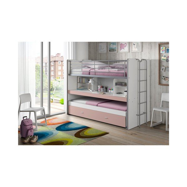 Baltos spalvos/rožinės spalvos dviauktė/ištraukiama vaikiška lova su sandėliavimo vieta su lovos grotelėmis 90x200 cm Bonny – Vipack-image-1
