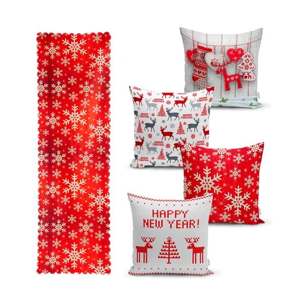 4 kalėdinių pagalvių užvalkalų ir staltiesės rinkinys Minimalist Cushion Covers Happy Holiday
