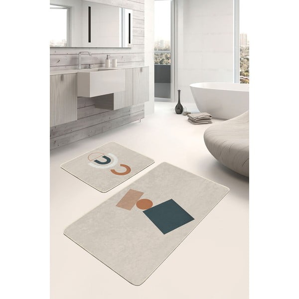 Iš velveto vonios kilimėliai smėlio spalvos 2 vnt. 60x100 cm Geometry Shapes – Mila Home-image-1