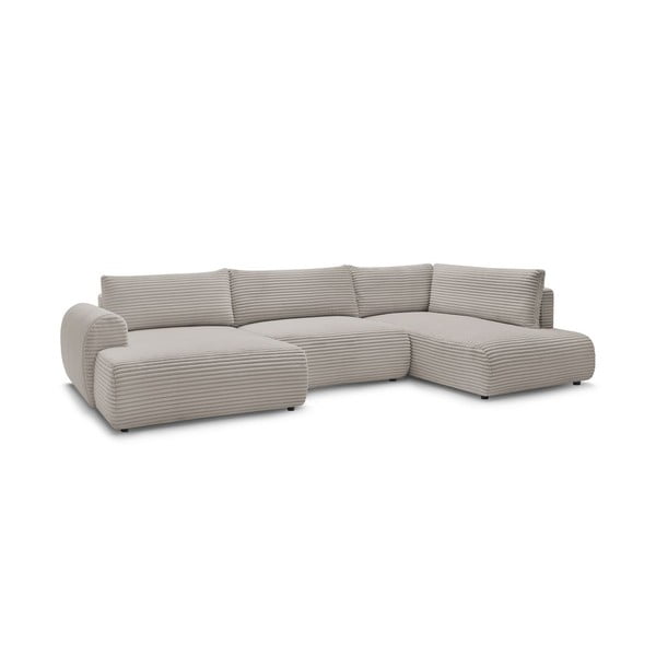 Šviesiai pilkos spalvos/smėlio spalvos sulankstoma/su sandėliavimo vieta kampinė sofa iš kordinio velveto (su dešiniuoju kampu/„U“ formos) Lucien – Bobochic Paris-image-3