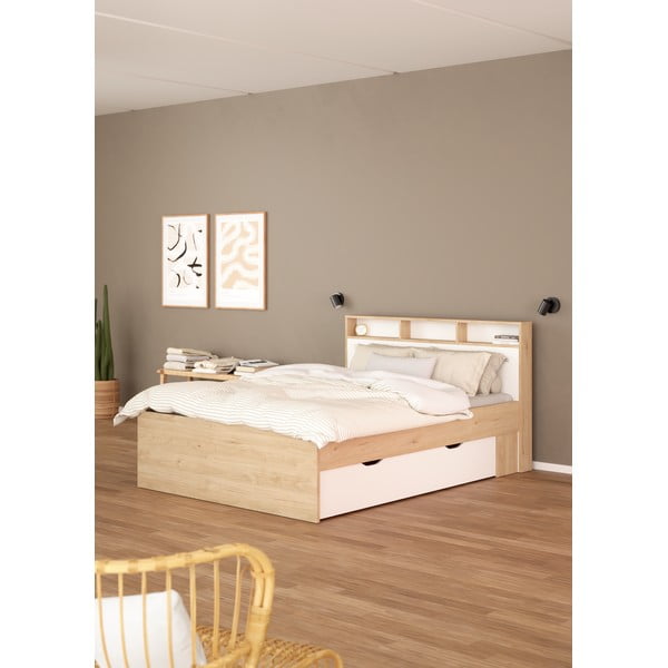 Natūralios spalvos dvigulė lova iš ąžuolo su sandėliavimo vieta be grotelių 160x200 cm Ikast – Tvilum-image-3