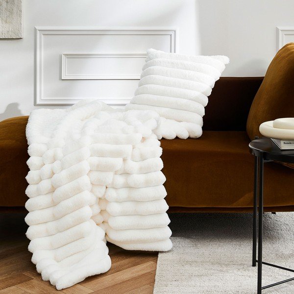 Kreminės spalvos iš mikropliušo antklodė ir pledas 180x220 cm Boudoir – douceur d'intérieur-image-2