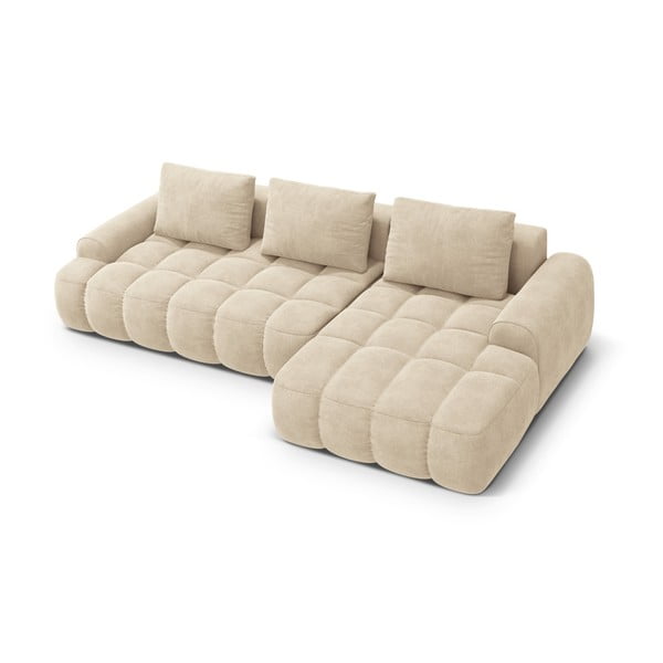 Smėlio spalvos iš velveto sulankstoma/su sandėliavimo vieta kampinė sofa (su dešiniuoju kampu/su gultu) Linz – Cosmopolitan Design-image-3
