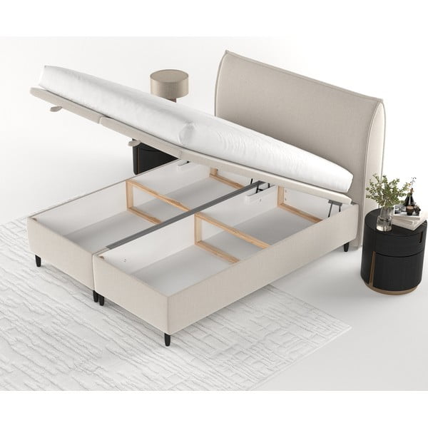 Dvigulė lova smėlio spalvos audiniu dengta su sandėliavimo vieta 160x200 cm Pearl – Maison de Rêve-image-3