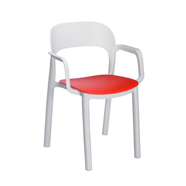4 baltų sodo kėdžių su raudona sėdyne ir porankiais rinkinys "Resol Ona