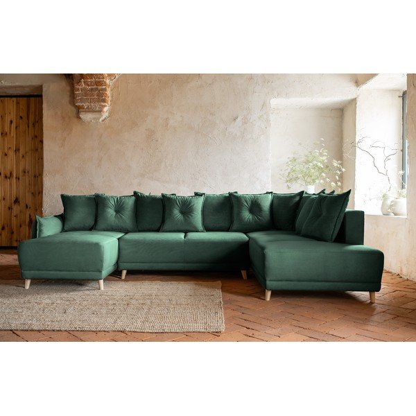 Sulankstoma kampinė sofa iš kordinio velveto žalios spalvos (su dešiniuoju kampu/„U“ formos) Lazy Lukka – Miuform-image-1