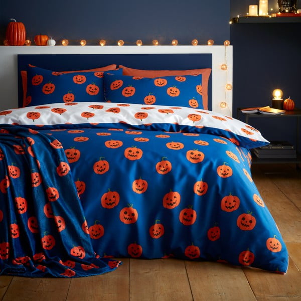 Mėlynos spalvos/oranžinės spalvos iš mikropliušo antklodė ir pledas su Helovyno motyvu 130x170 cm Halloween Pumpkins – Catherine Lansfield-image-2