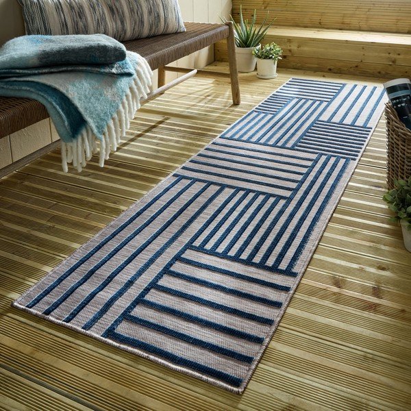 Tamsiai mėlynos spalvos lauko ir vidaus kilimas 66x230 cm Vigo Blocks – Flair Rugs-image-1