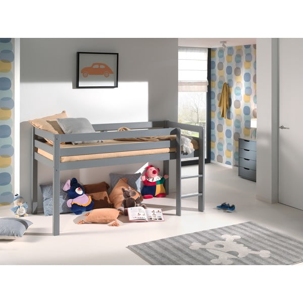 Paaukštinta iš pušies masyvo vaikiška lova pilkos spalvos 90x200 cm PINO – Vipack-image-1