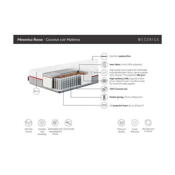 Čiužinys su kokoso pluošto užpildu MESONICA Rosso, 200 x 140 cm-image-3