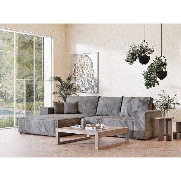 Pilkos spalvos sulankstoma/su sandėliavimo vieta kampinė sofa iš šenilinio audinio (su kairiuoju kampu/su gultu) Maze – Maison de Rêve-image-1