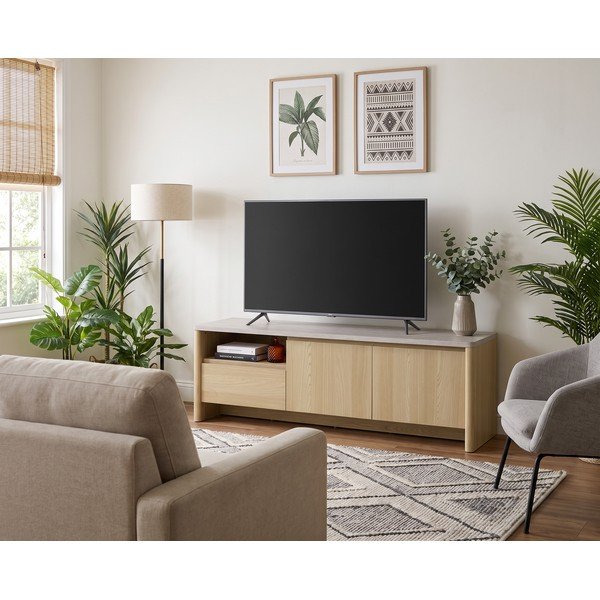 Baltos spalvos/šviesios natūralios spalvos TV spintelė iš ąžuolo 153x50x45 cm Dore – Marckeric-image-1