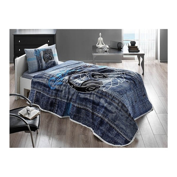 Medvilninės lovos užvalkalo, paklodės ir pagalvės užvalkalo rinkinys Listen V1 Blue, 160 x 230 cm