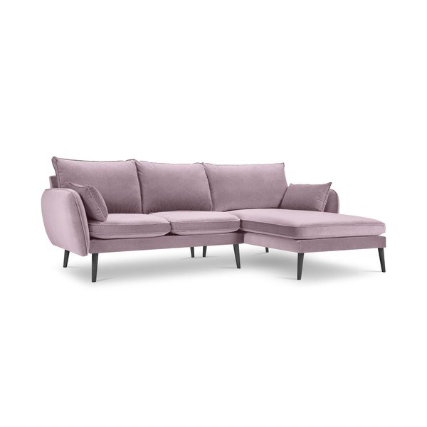Šviesiai rausva aksominė kampinė sofa su juodomis kojomis Kooko Home Lento, kampas dešinėje-image-2