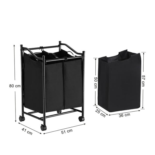 Juodas krepšys su ratukais ir 2 skalbinių segmentais Songmics-image-2