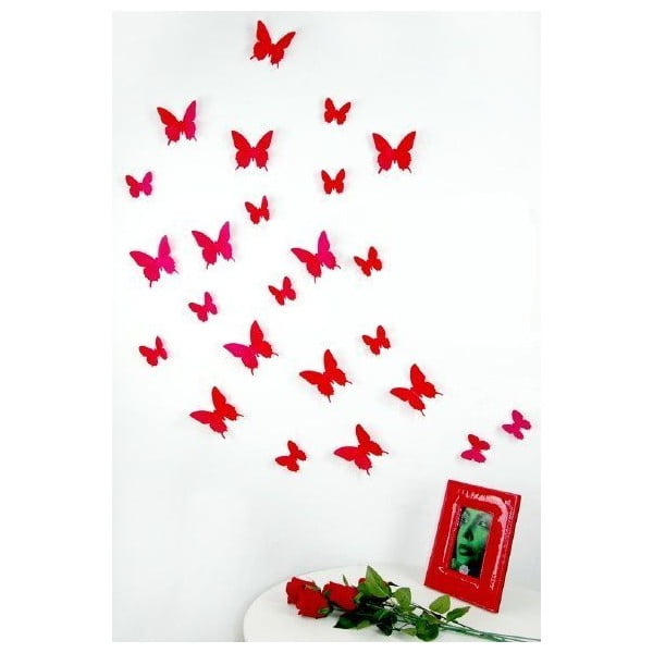 12 raudonų 3D drugelių lipdukų rinkinys Ambiance Butterflies
