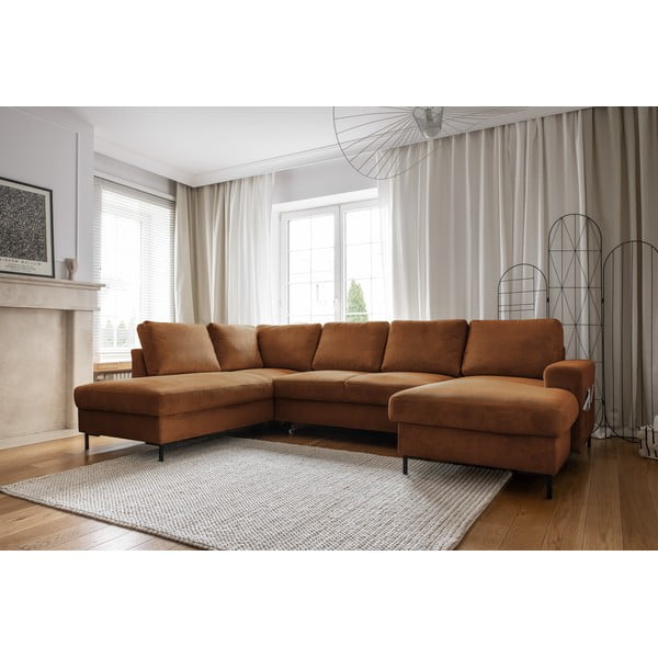 Iš kordinio velveto sulankstoma kampinė sofa oranžinės spalvos/rudos spalvos (su kairiuoju kampu) Lofty Lilly – Miuform-image-3