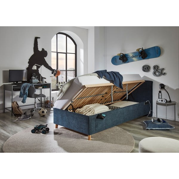 Tamsiai mėlynos spalvos iš audinio vaikiška lova su sandėliavimo vieta su lovos grotelėmis 120x200 cm Fun – Meise Möbel-image-4