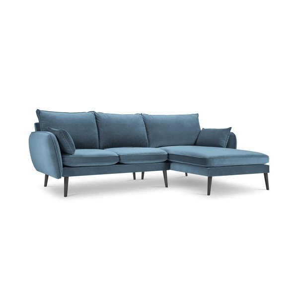 Šviesiai mėlyna aksominė kampinė sofa su juodomis kojomis Kooko Home Lento, kampas dešinėje-image-3