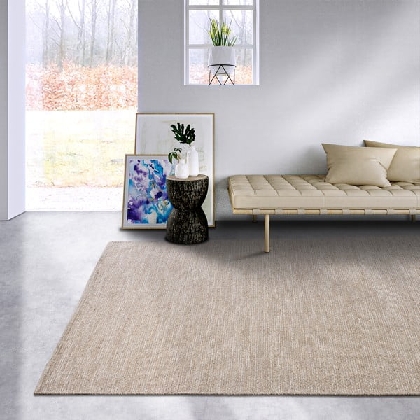 Rankų darbo iš vilnos mišinio kilimas smėlio spalvos 60x90 cm Pradesh Linen White – Elle Decoration-image-1