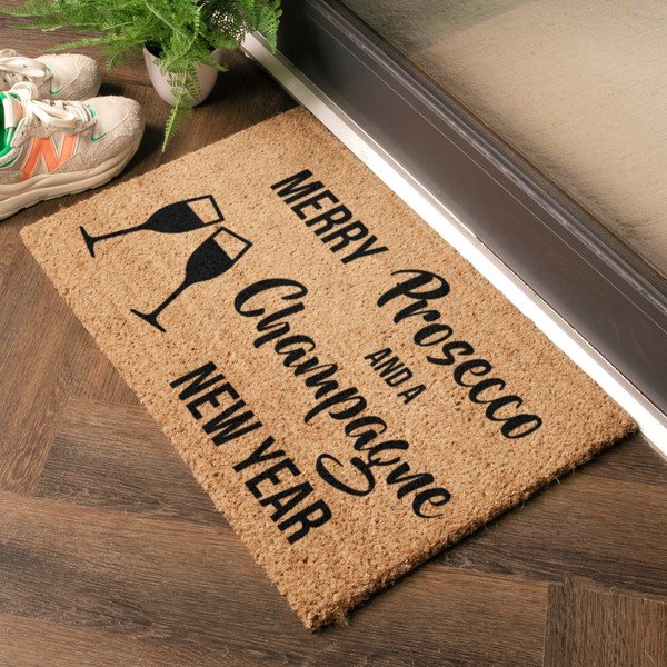 Iš kokoso pluošto grindų kilimėlis su Kalėdų motyvu 40x60 cm Champagne New Year – Artsy Doormats-image-1