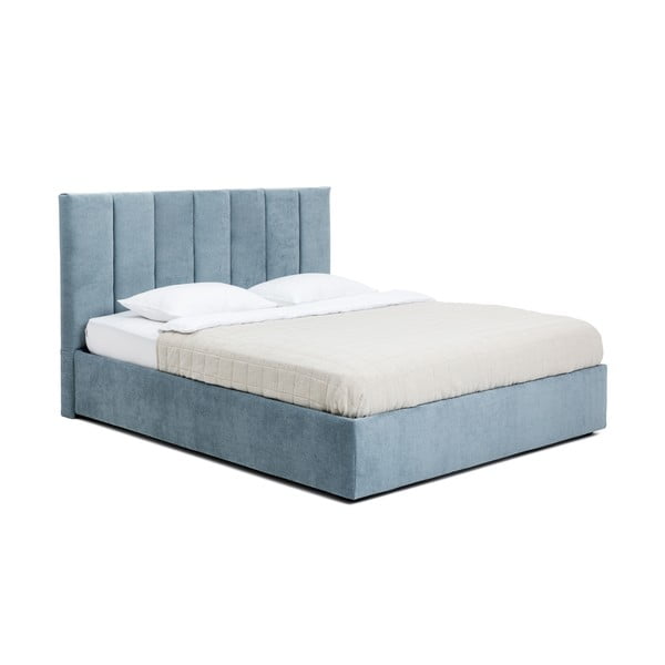 Mėlynos spalvos dvigulė lova audiniu dengta su sandėliavimo vieta su grotelėmis 180x200 cm Thessa Bold Line – Bonami Selection